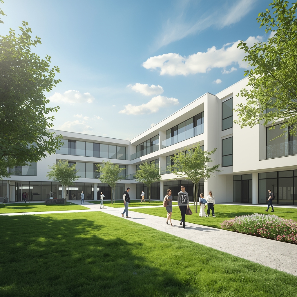 A bright, modern school campus with green lawns, futuristic architecture, students walking and reading books, sunny day, 8k resolution, photorealistic, cinematic lighting, generate from Nano Banana2, no woman image